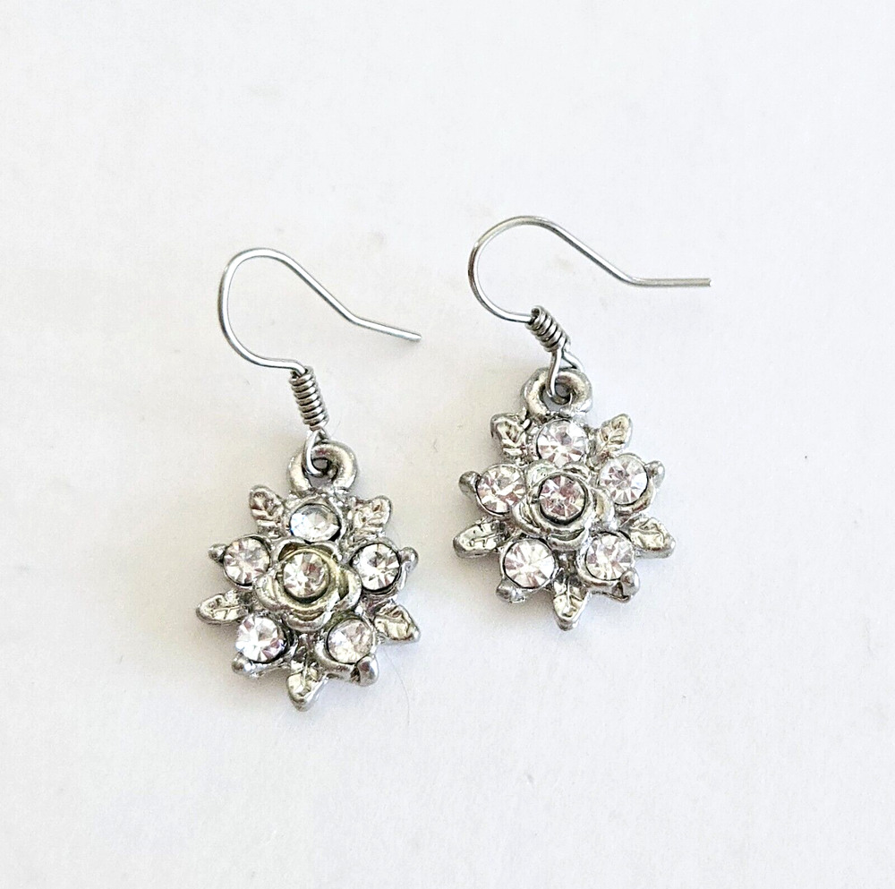 Rhinestone Earrings Dangle Flower Classic Sparkly Silvertone Cocktail Dainty NEW